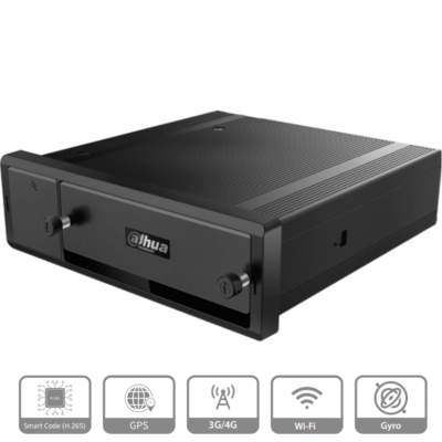 DAHUA MNVR4208-GFWI – NVR Movil de 8 Canales con Inteligencia Artificial/ 8 Puertos PoE/ Incluye GPS/ Wifi/ 4G/ Soporta 2 Discos Duros de 2.5 Pulgadas/ Soporta Reconocimiento Facial/ DSM (Monitoreo de Conductor)/ Reconocimiento de Placas (ANPR)/