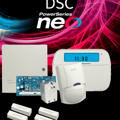 DSC NEO-ICON-SB – Paquete SERIE NEO con panel HS2032 de 8 zonas cableadas expandible a 32/Teclado de Iconos HS2ICN /Sensor PIR LC-100- PI Cableado/2 contactos blancos cableados/Transformador/Gabinete GTVCMX003/Sin Batería/#LosPrincipales #PLANDEBENEFICIOS