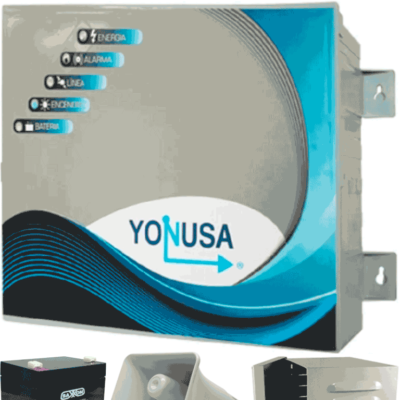 YONUSA EY10000127AFBAT – Paquete de energizador anti plantas o alta frecuencia de 10,00V con hasta 10,000 mts lineales, incluye batería de respaldo de 12VDC a 4.5 AH, sirena de 30W y gabinete metálico