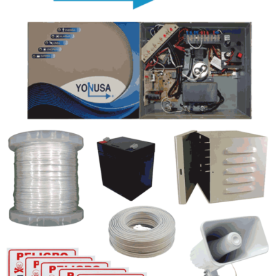 YONUSA PACK127AF -Paquete de energizador de alta frecuencia con interface/ Sirena y gabinete metálico/ Bobina de alambre 500 mts/ Bobina cable bujía/ batería y 5 letrero