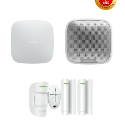 AJAX KIT RESIDENCIAL EXT – Panel de alarma Hub2Plus conexión Ethernet / WiFi / LTE color Blanco / APP “AJAX PRO” iOS y Android , 1 sensor de movimiento, 2 detectores para puerta o ventana, 1 control remoto y una sirena EXTERIOR inalámbrica